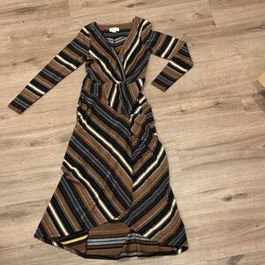 Maeve by anthropology Brown and Black Striped Long Sleeve Dress